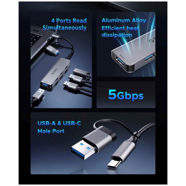 Orico USB Hub 7 Θυρών USB-C / USB-A – 2x USB-C, 1x USB 3.0 & 4x USB 2.0 – Αλουμινίου