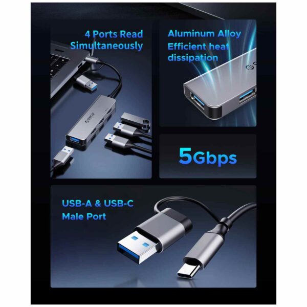 Orico USB Hub 4 Θυρών USB-C/USB-A – 1x USB 3.0 & 3x USB 2.0 – Αλουμινίου