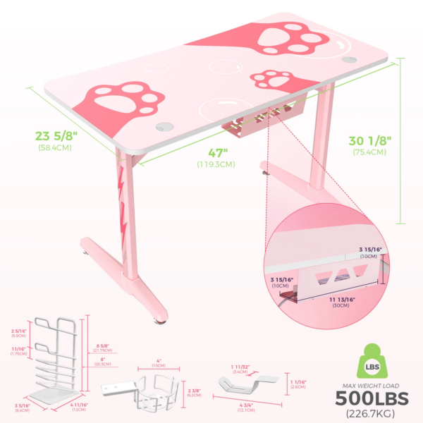Eureka Ergonomic® ZX-GIP-P47PK-RU Gaming Γραφείο 120x60x77cm Ροζ