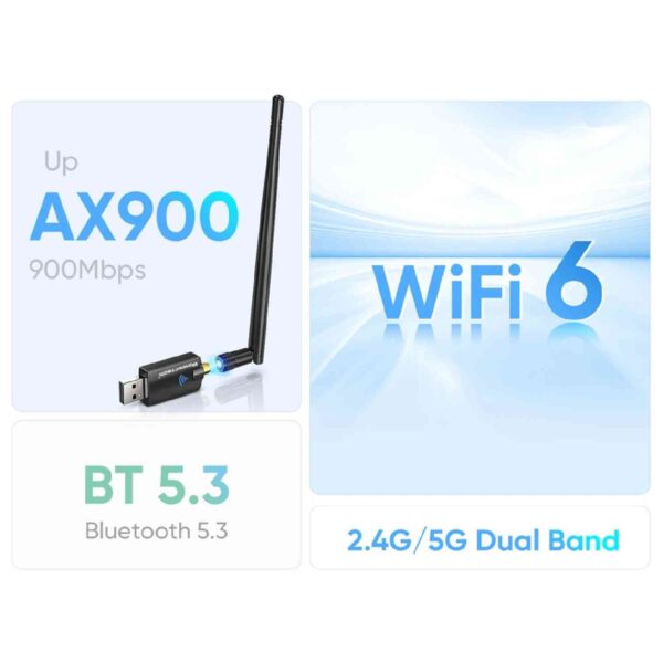 POWERTECH ασύρματος USB αντάπτορας δικτύου PT-1386, 900Mbps WiFi 6, Bluetooth 5.3