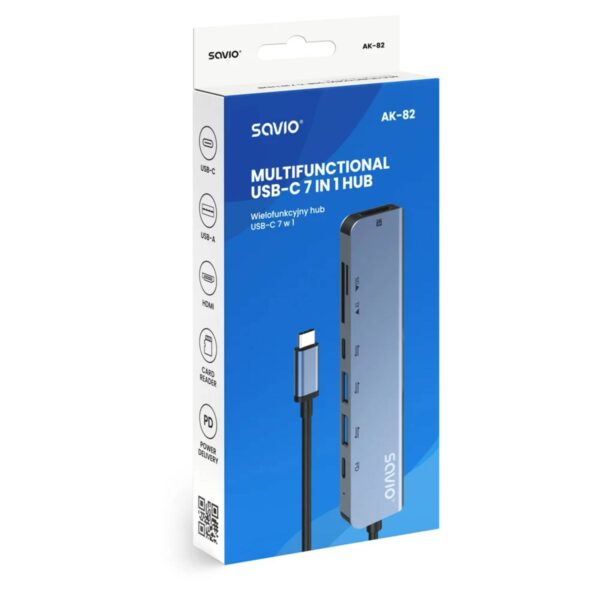 Savio AK-82 USB-C HUB 7 in 1 / HDMI 4K / USB-A 3.1 / USB-A 2.0 / 2x USB-C / SD & microSD – Πολυλειτουργικός Αντάπτορας