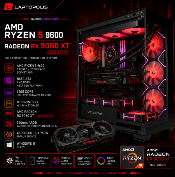 Arcane Series Gaming PC Ryzen 5 9600 / Radeon RX 9060 XT 16GB / 32GB DDR5 / 1TB NVMe / Windows 11 με Υδρόψυξη (T)