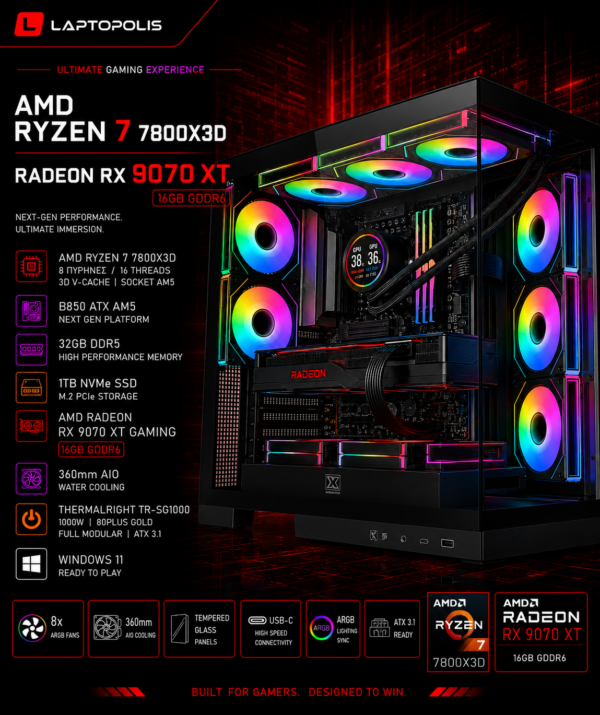 Titan Series – Gaming PC Ryzen 7 7800X3D / Radeon RX 9070 XT 16GB / 32GB DDR5 / 1TB NVMe / Windows 11 με Υδρόψυξη (T)