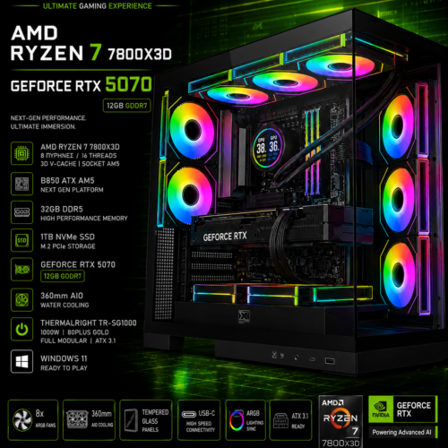 Titan Series – Gaming PC Ryzen 7 7800X3D / RTX 5070 12GB / 32GB DDR5 / 1TB NVMe / Windows 11 με Υδρόψυξη (T)