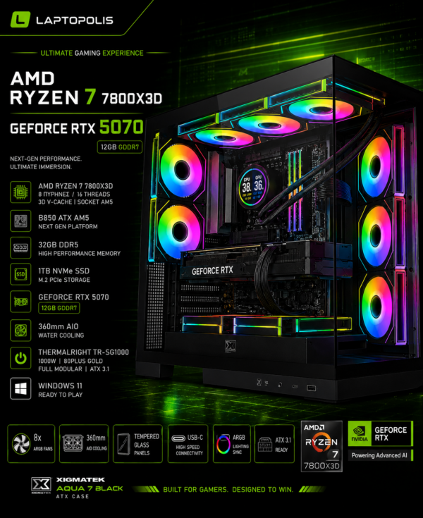 Titan Series – Gaming PC Ryzen 7 7800X3D / RTX 5070 12GB / 32GB DDR5 / 1TB NVMe / Windows 11 με Υδρόψυξη (T)
